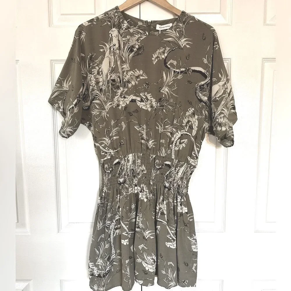 Anine Bing Kaine Dress Tropical Print Olive Smocked Size L • NEW WITH TAGS • - Picture 5 of 12